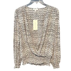 NWT Alex & Lili Women Geometric VNeck Long Sleeve Smocked Waist Blouse Top Small